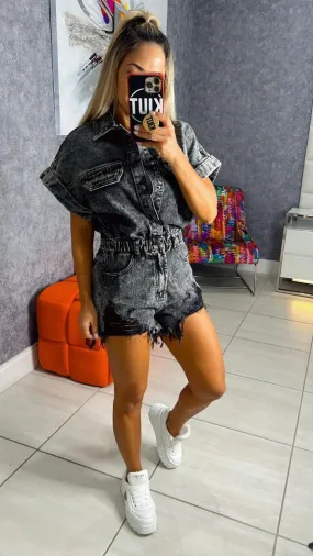 2670 Distressed hem detailed denim romper