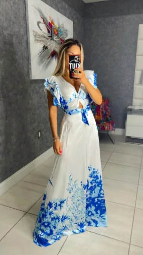 3809 Ruffled satin maxi dress