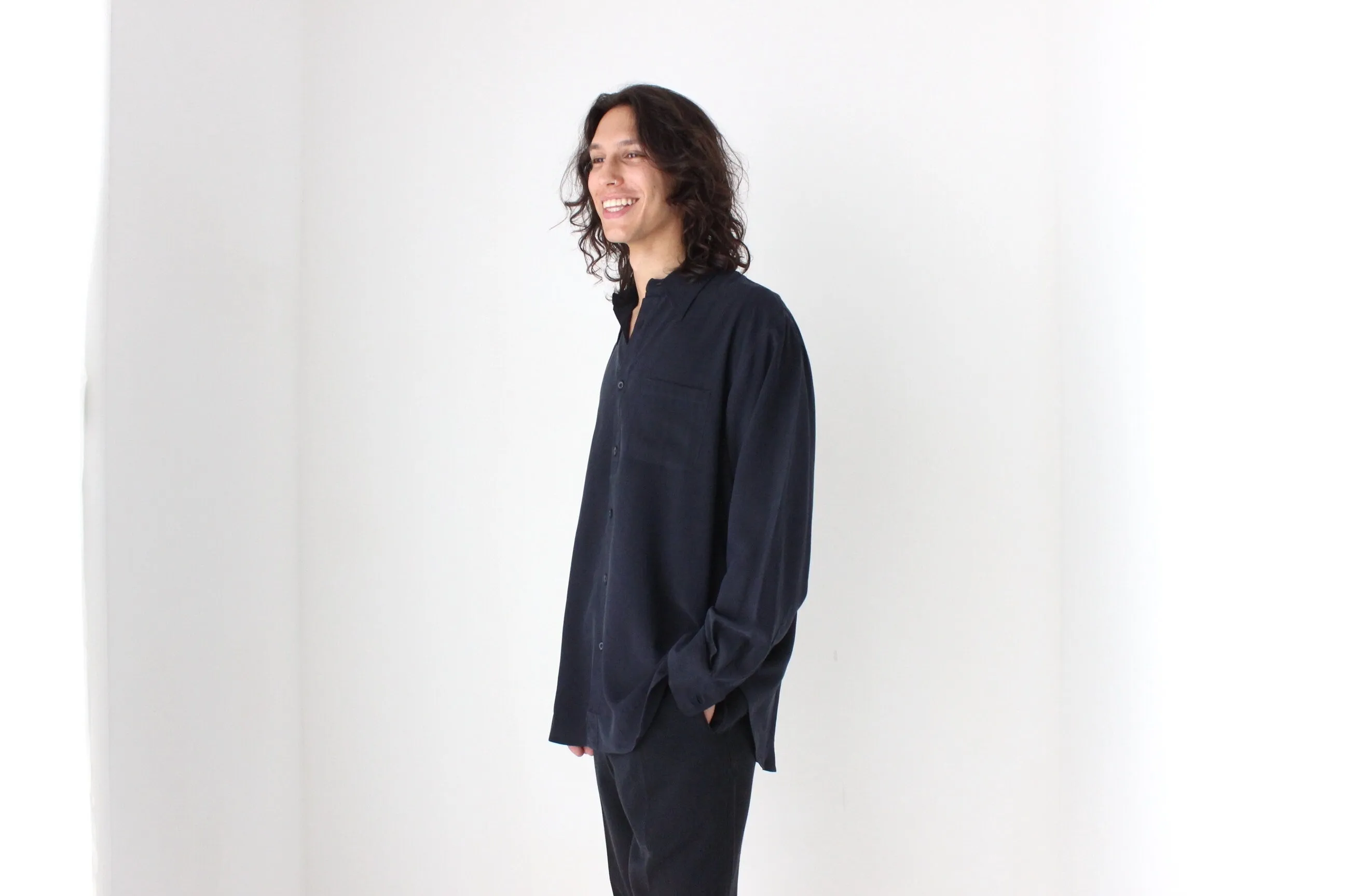90s PURE FUJI SILK Relaxed Shirt in Midnight Blue