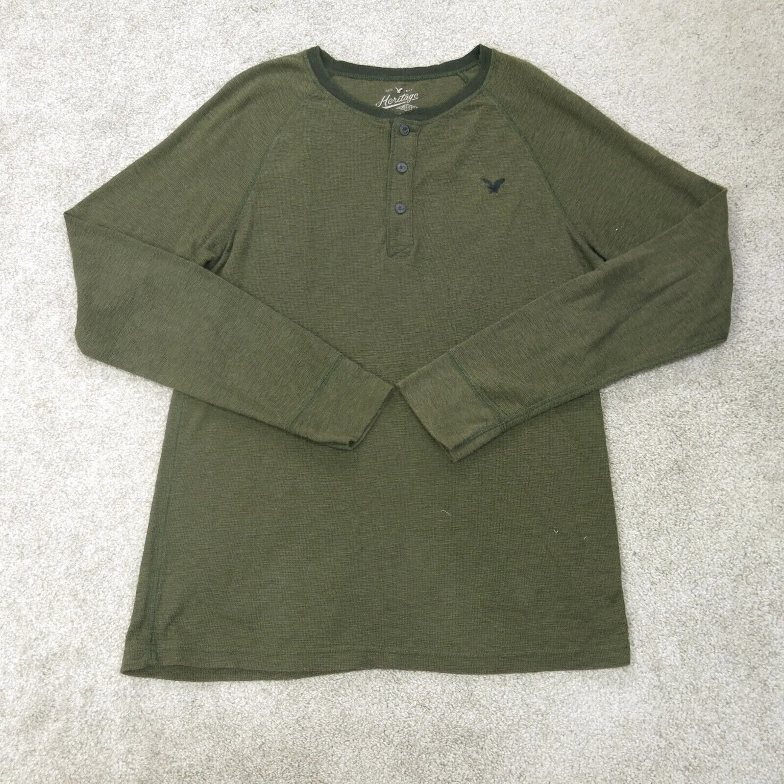 American Eagle Shirt Mens Large Green Heritage Classic Fit Thermal Henley Tee