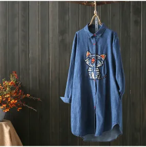 AUTUMN DENIM WESTERN SHIRT SHIRT DRESS IN EMBROIDERED KITTEN