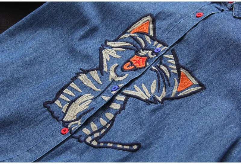AUTUMN DENIM WESTERN SHIRT SHIRT DRESS IN EMBROIDERED KITTEN