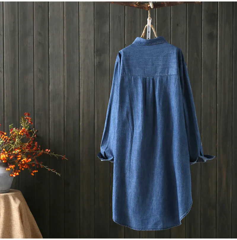 AUTUMN DENIM WESTERN SHIRT SHIRT DRESS IN EMBROIDERED KITTEN