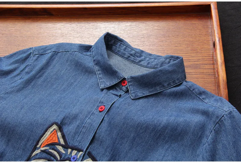 AUTUMN DENIM WESTERN SHIRT SHIRT DRESS IN EMBROIDERED KITTEN