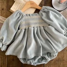 Baby Ann Velour Smocked Bodice Puff Sleeve Dress Romper (6-18m) - Sky Blue