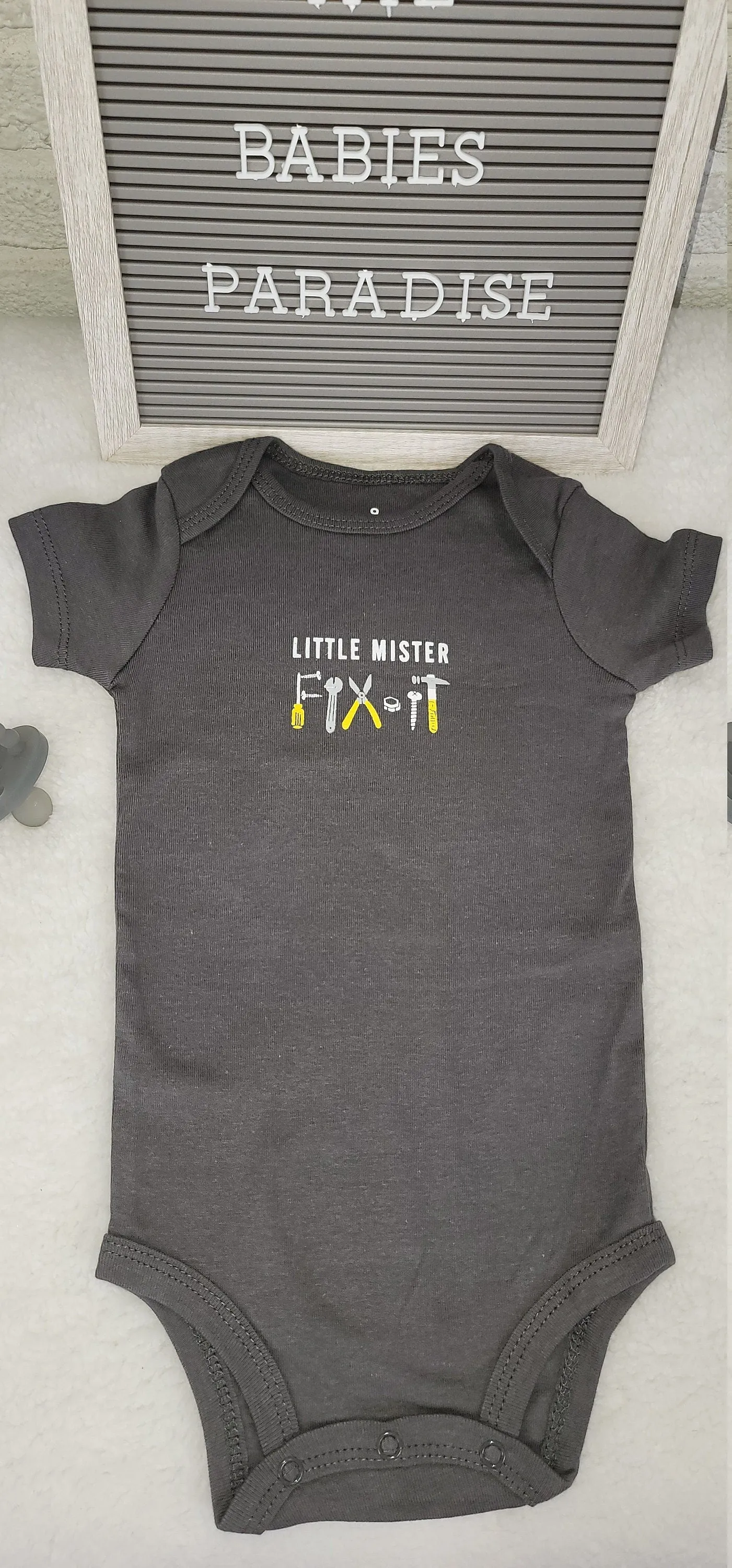 Baby Boy Onesie, Little Mister Fix it Design Onesie,  Gray Onesie, 9 month Baby Boy Onesie, trendy onesie, Stylish Bodysuite