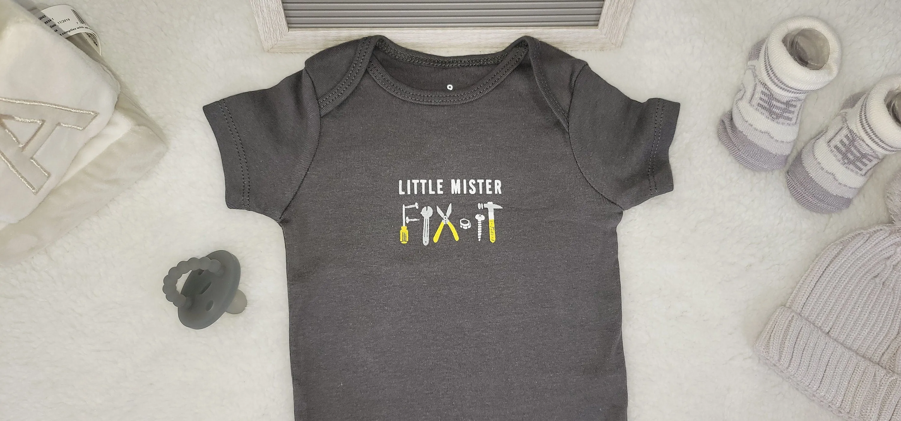 Baby Boy Onesie, Little Mister Fix it Design Onesie,  Gray Onesie, 9 month Baby Boy Onesie, trendy onesie, Stylish Bodysuite