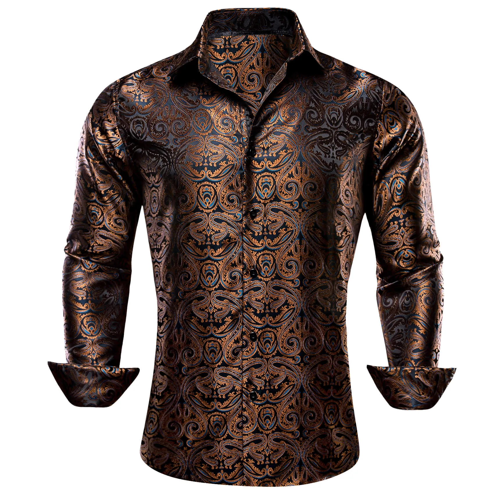 Barry Wang Men's Shirt Brown Blue Woven Paisley Silk Long Sleeve Shirt