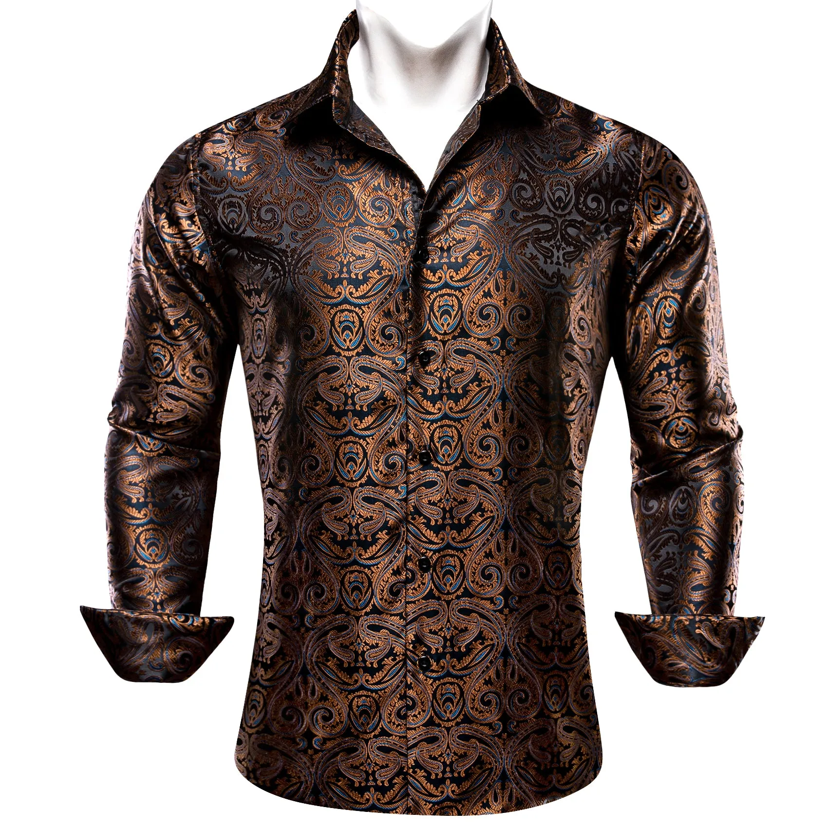 Barry Wang Men's Shirt Brown Blue Woven Paisley Silk Long Sleeve Shirt