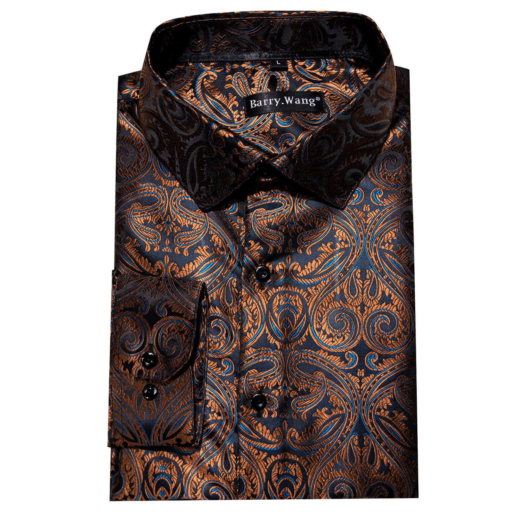 Barry Wang Men's Shirt Brown Blue Woven Paisley Silk Long Sleeve Shirt