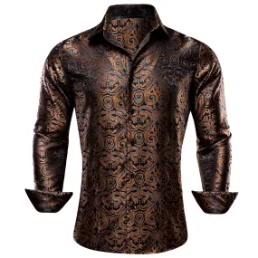 Barry Wang Men's Shirt Brown Blue Woven Paisley Silk Long Sleeve Shirt