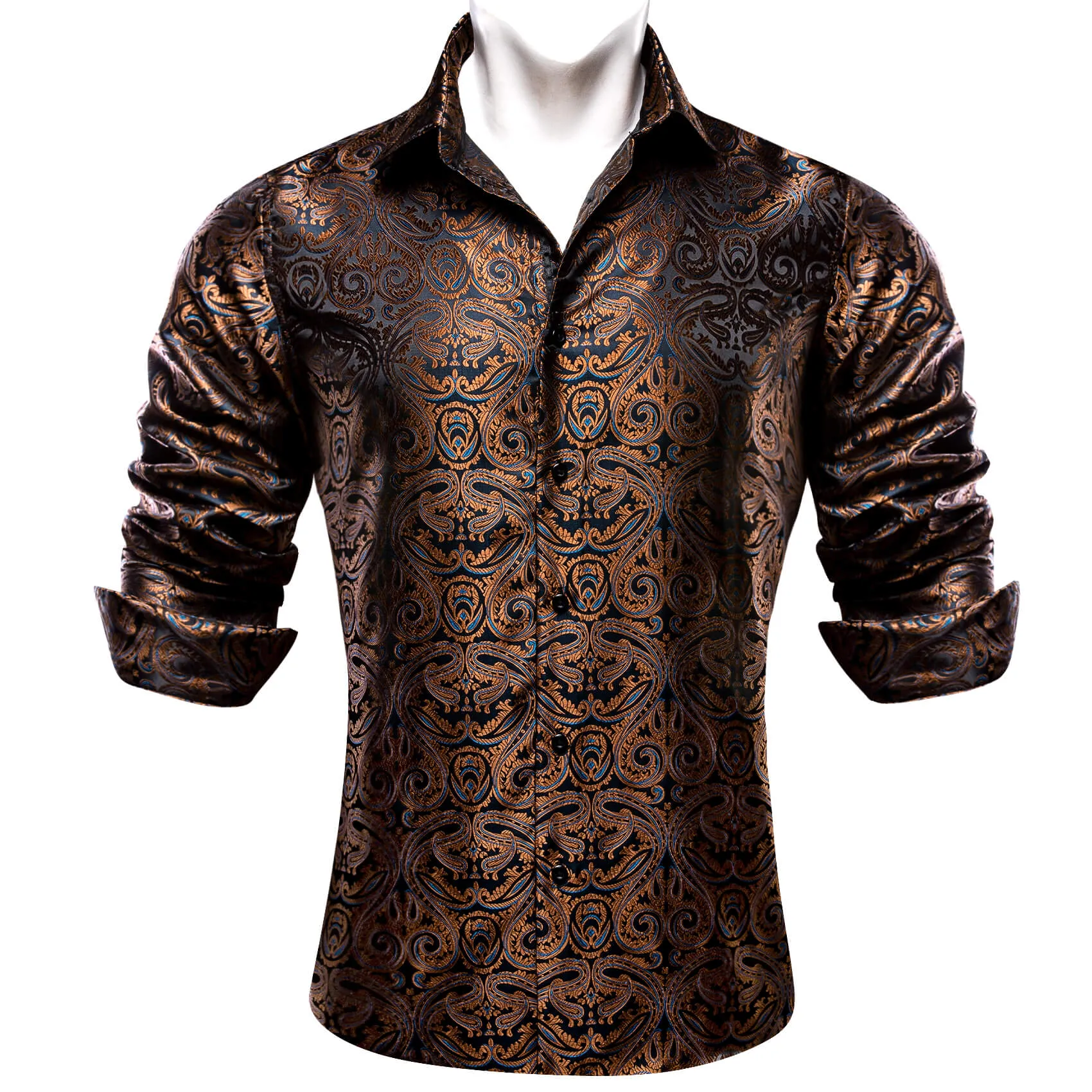 Barry Wang Men's Shirt Brown Blue Woven Paisley Silk Long Sleeve Shirt