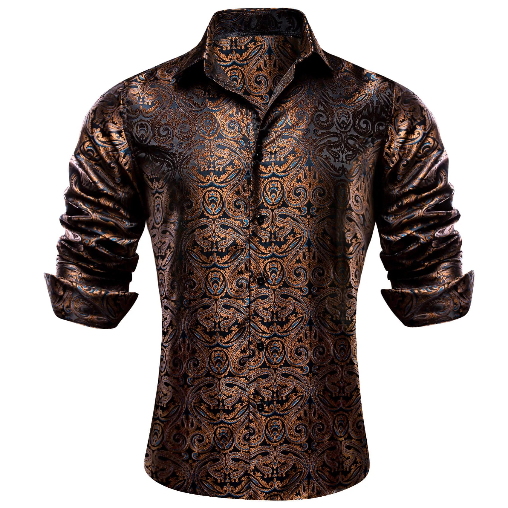 Barry Wang Men's Shirt Brown Blue Woven Paisley Silk Long Sleeve Shirt