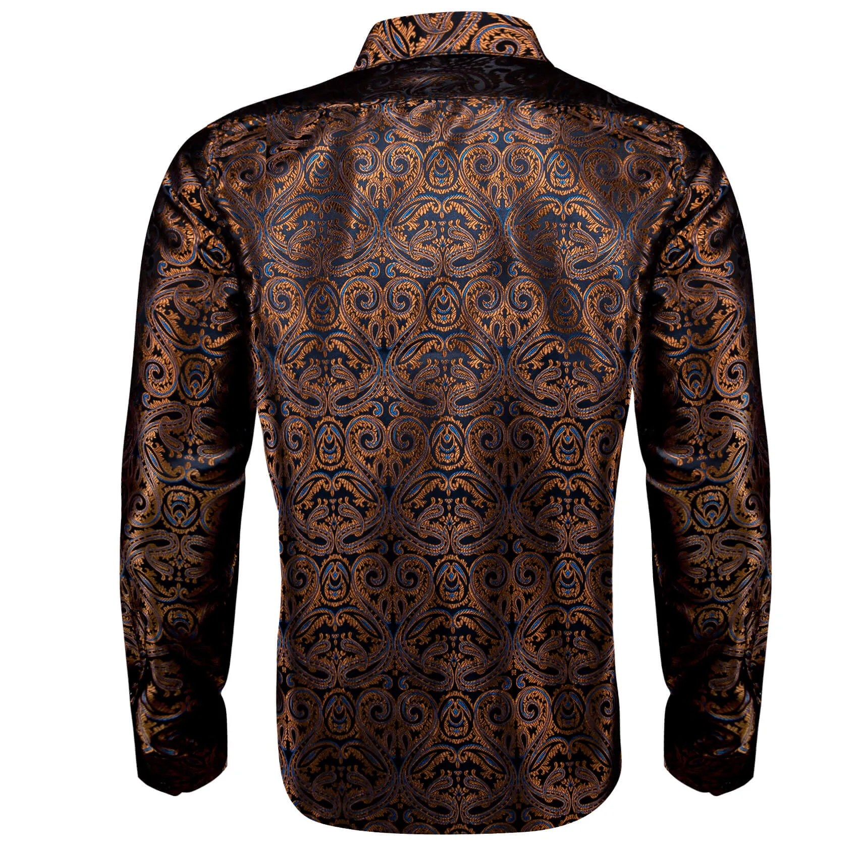 Barry Wang Men's Shirt Brown Blue Woven Paisley Silk Long Sleeve Shirt