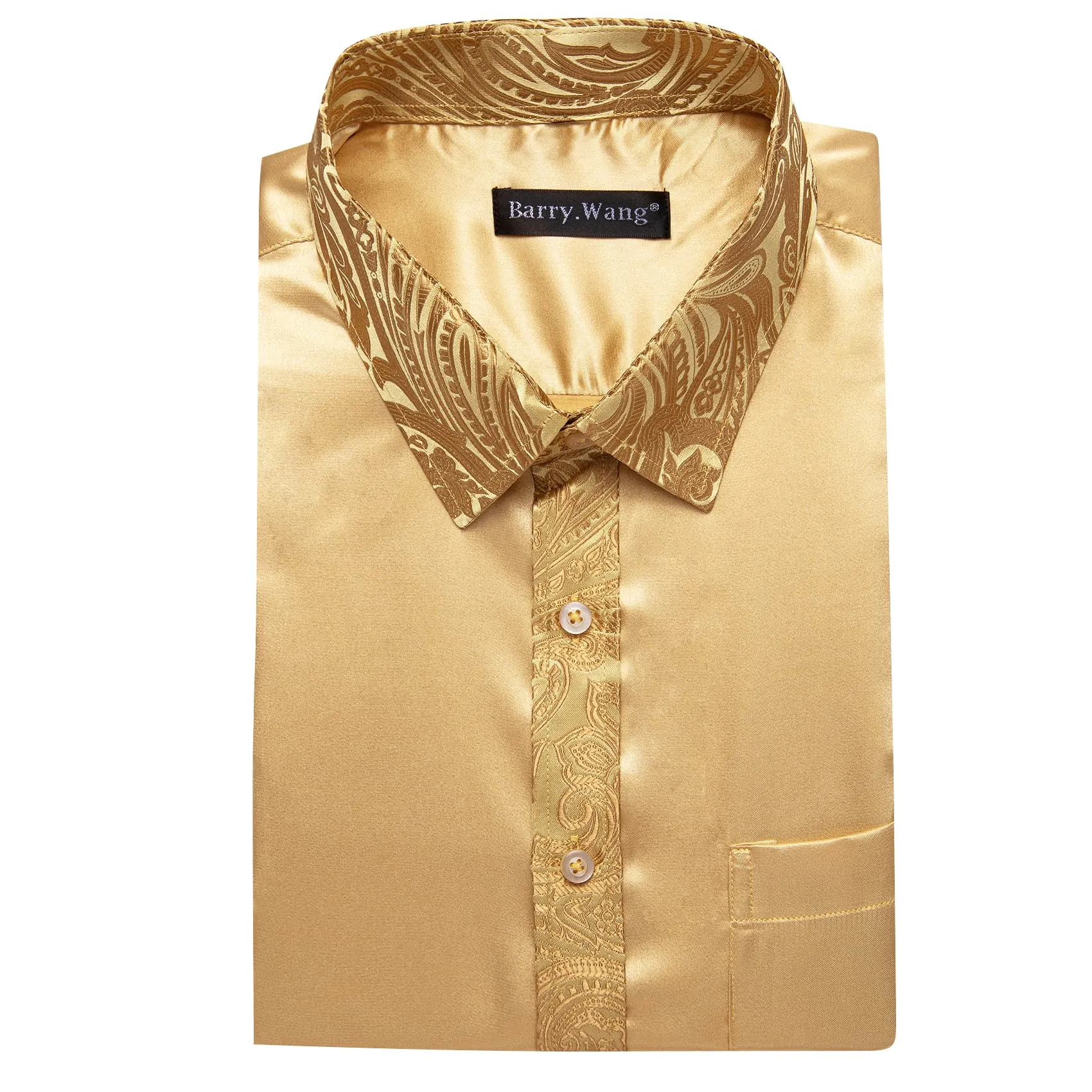 Barry Wang Sand Yellow Shirt with Paisley Collar Button Up Satin Shirt
