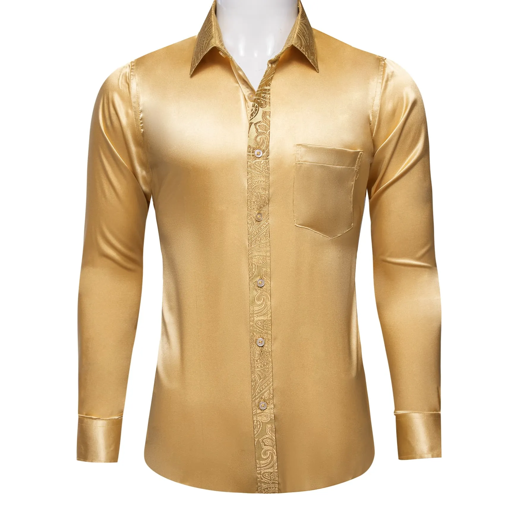 Barry Wang Sand Yellow Shirt with Paisley Collar Button Up Satin Shirt