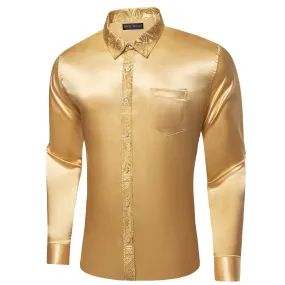 Barry Wang Sand Yellow Shirt with Paisley Collar Button Up Satin Shirt