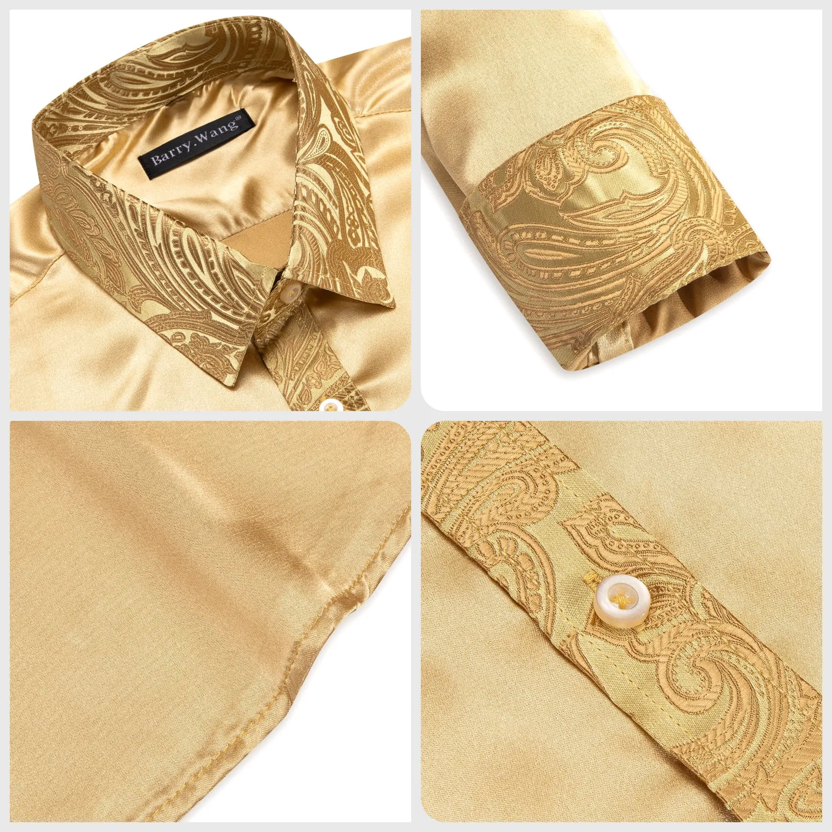 Barry Wang Sand Yellow Shirt with Paisley Collar Button Up Satin Shirt