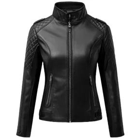 Black Quilted Leather Jacket with Zipper Details for Women | El Zoro