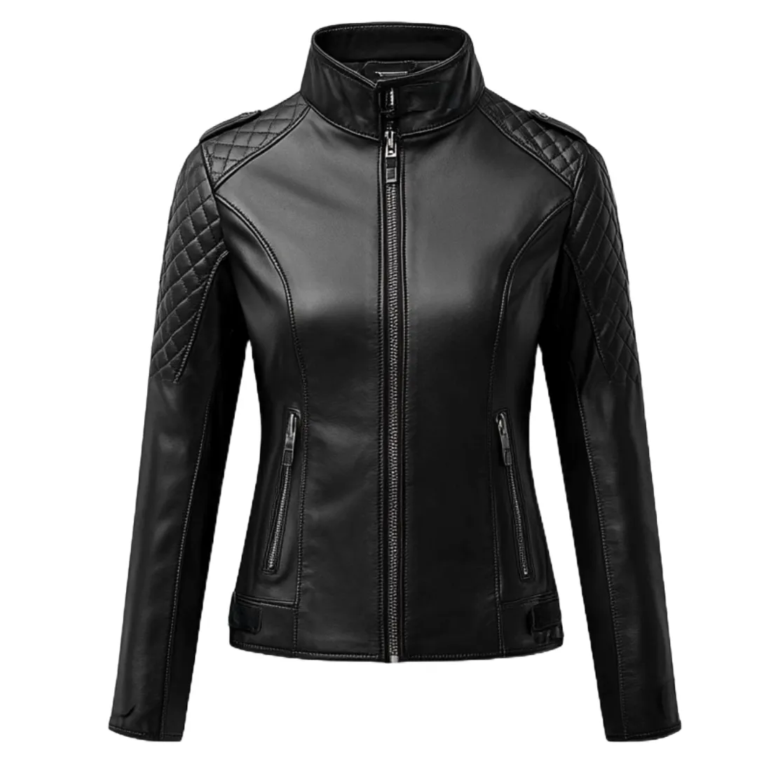 Black Quilted Leather Jacket with Zipper Details for Women | El Zoro