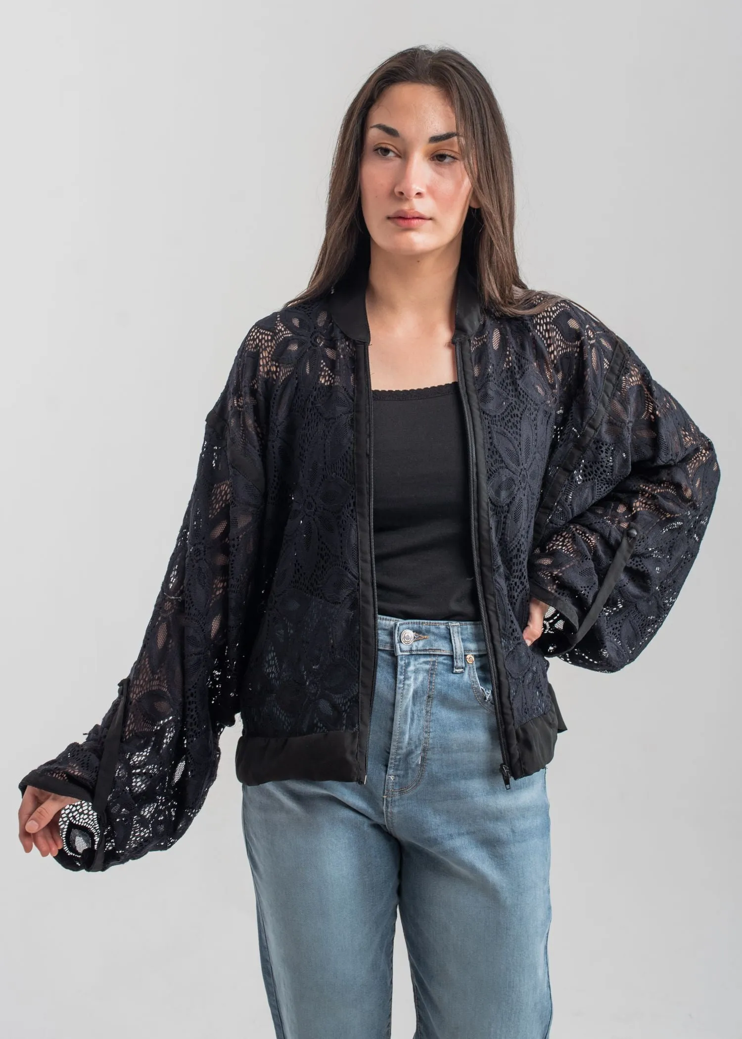 Black Zip Up Lace Blouse