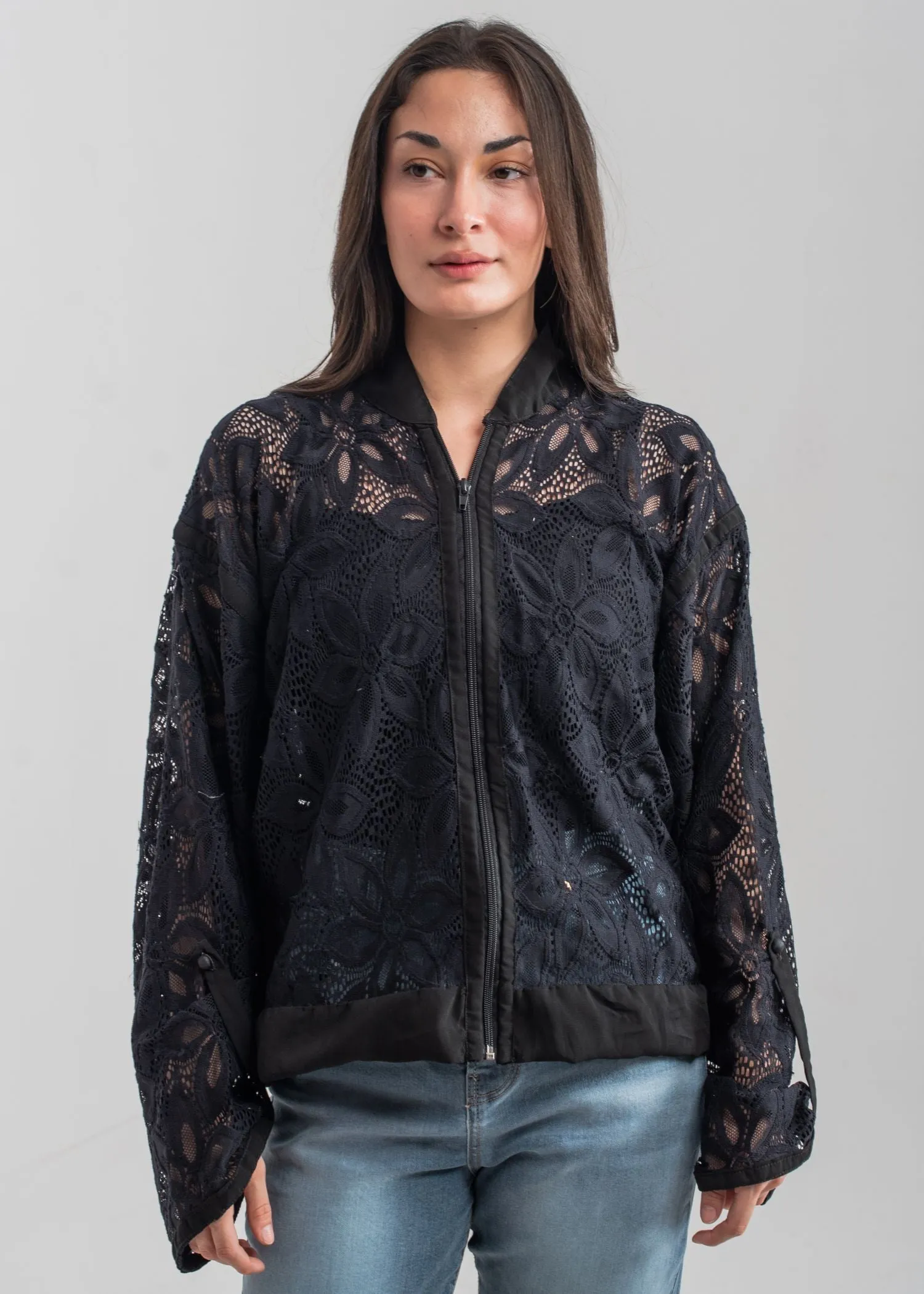 Black Zip Up Lace Blouse