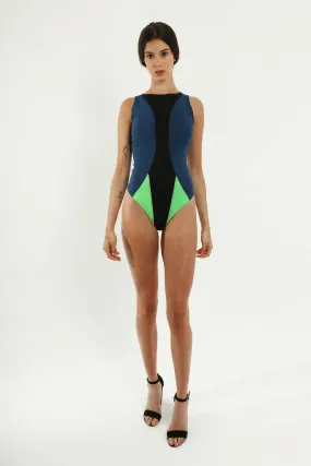 Blue and neon green bodysuit