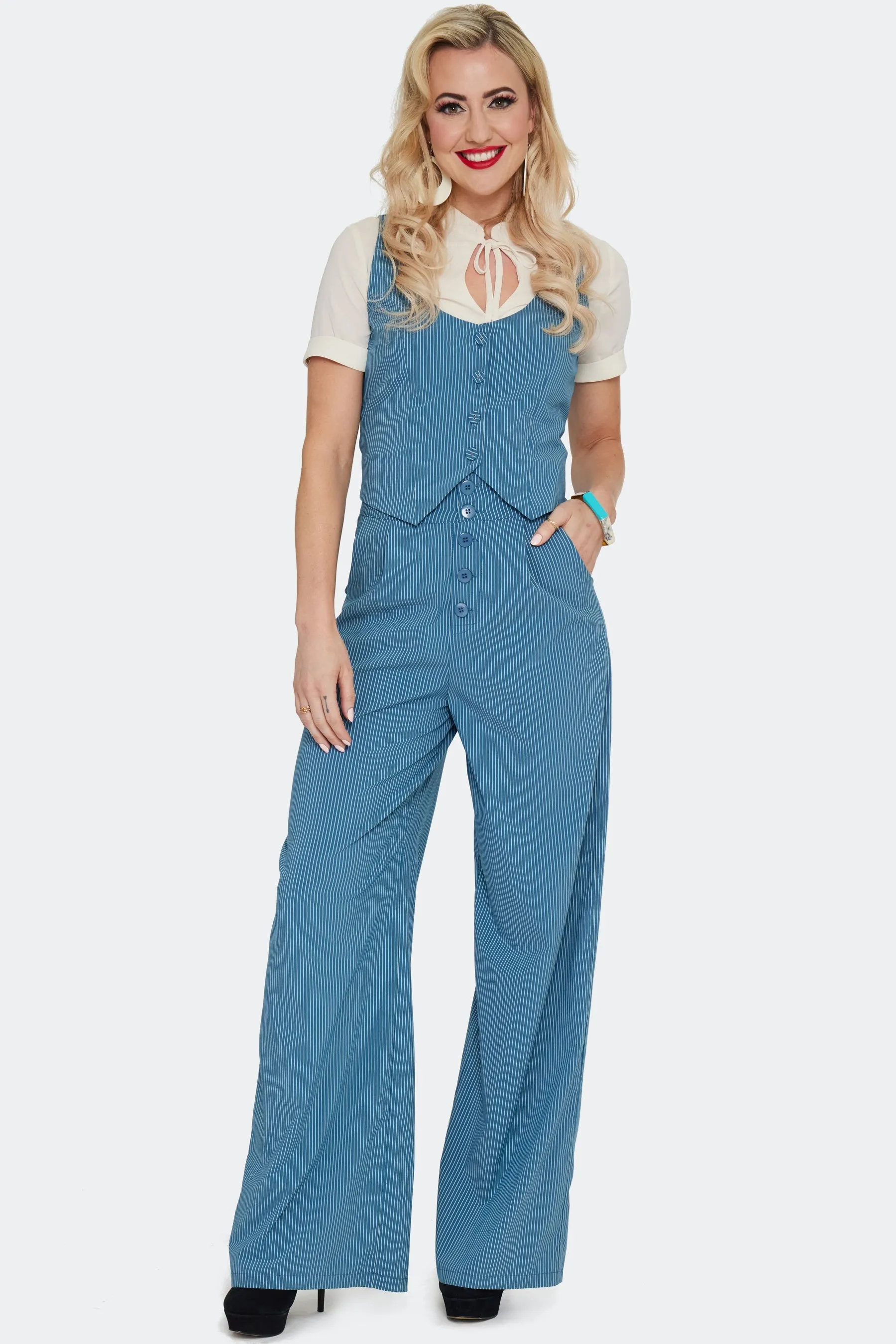 Blue Pinstripe High Waisted Suspender Pants by Voodoo Vixen
