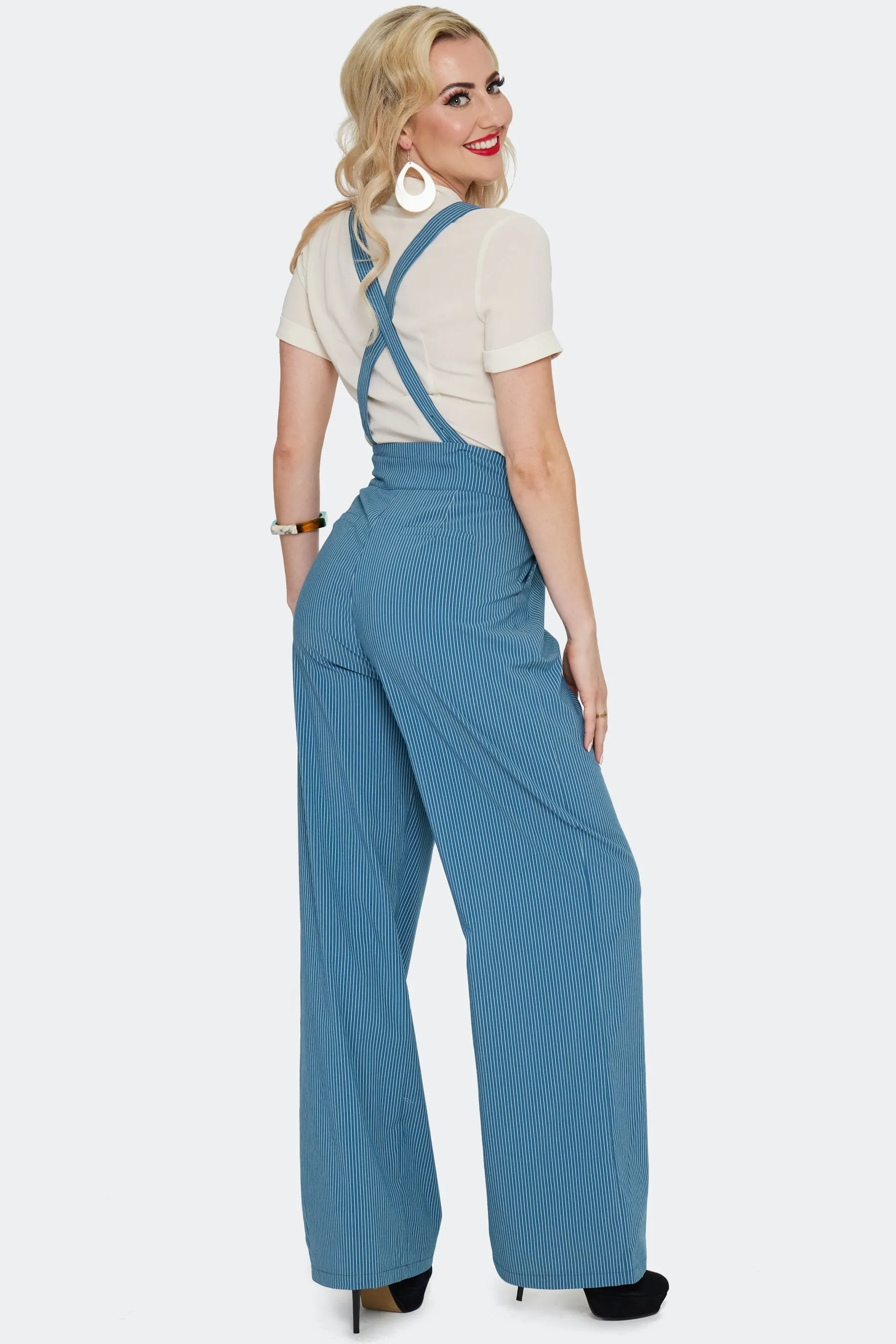Blue Pinstripe High Waisted Suspender Pants by Voodoo Vixen