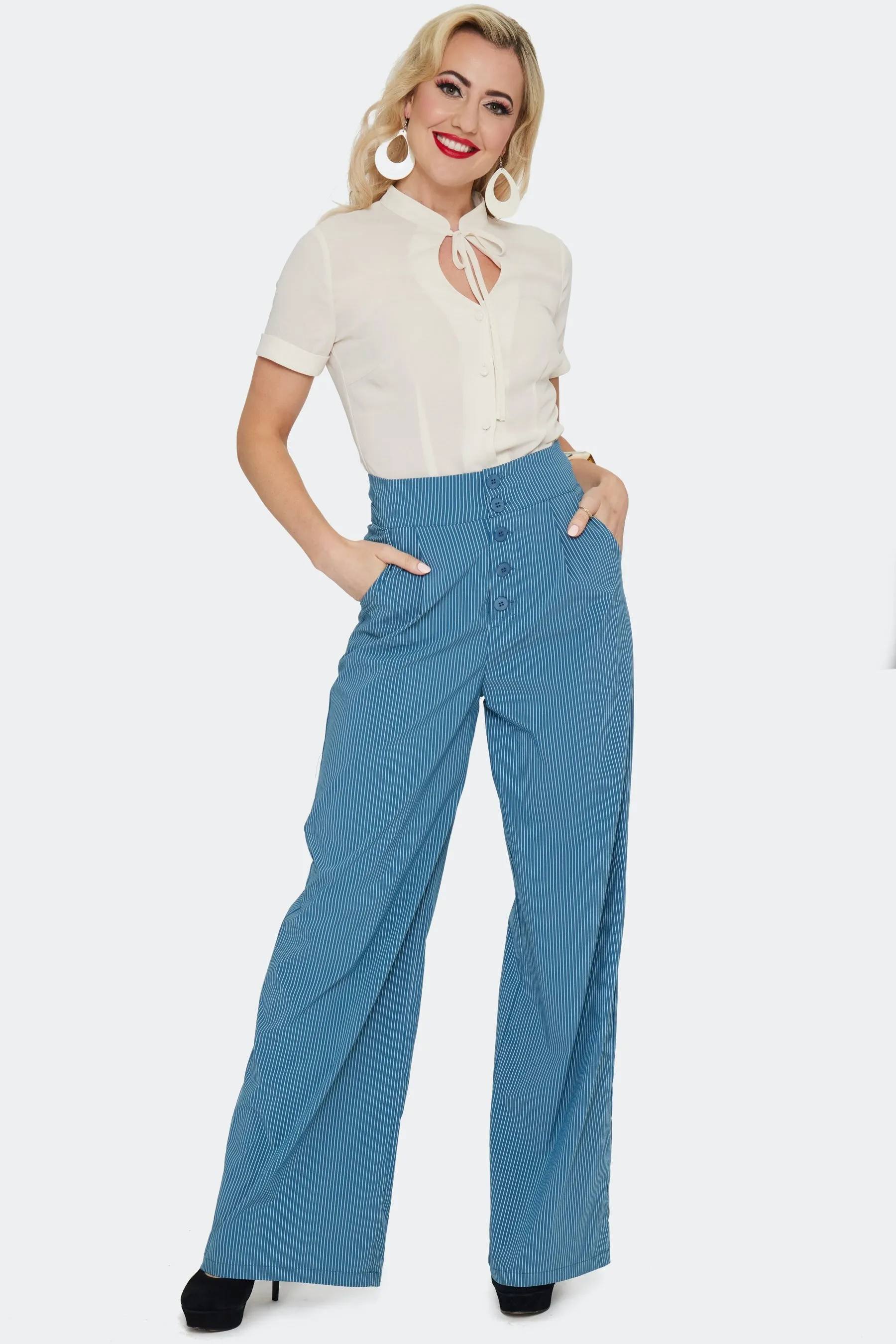 Blue Pinstripe High Waisted Suspender Pants by Voodoo Vixen