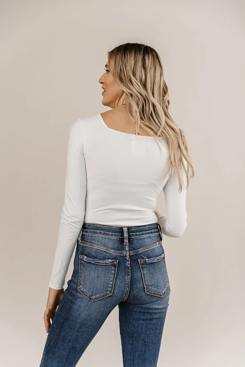 Bodysuit - Long Sleeve Square Neck - White