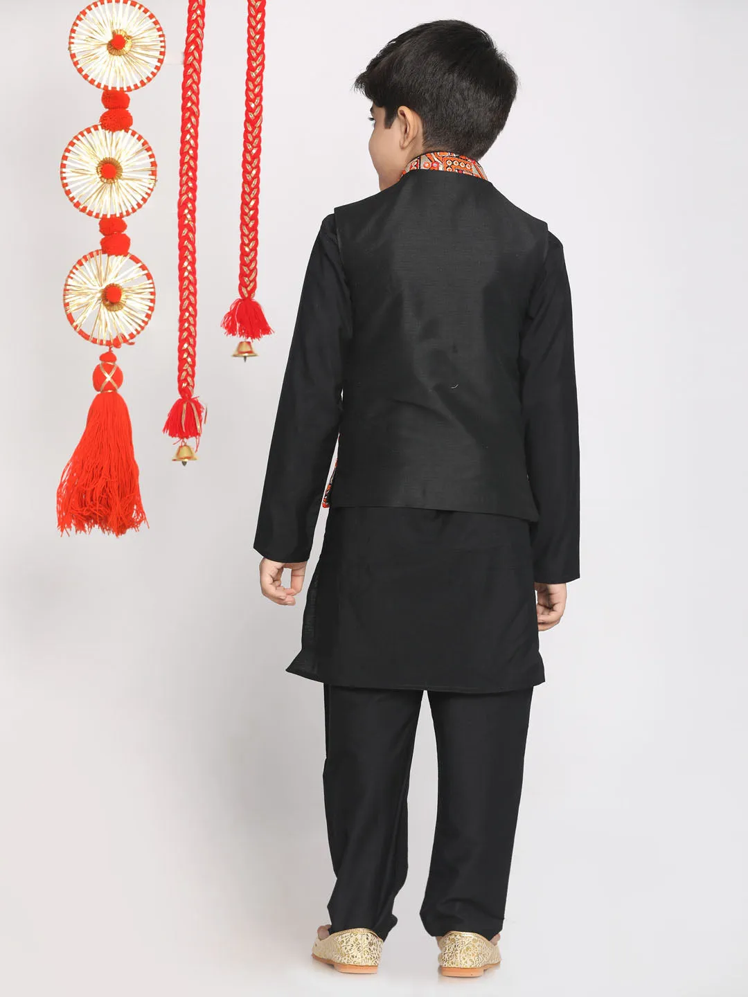 Boy's Orange And Black Jacket, Kurta And Pyjama Set - Vastramay Boys