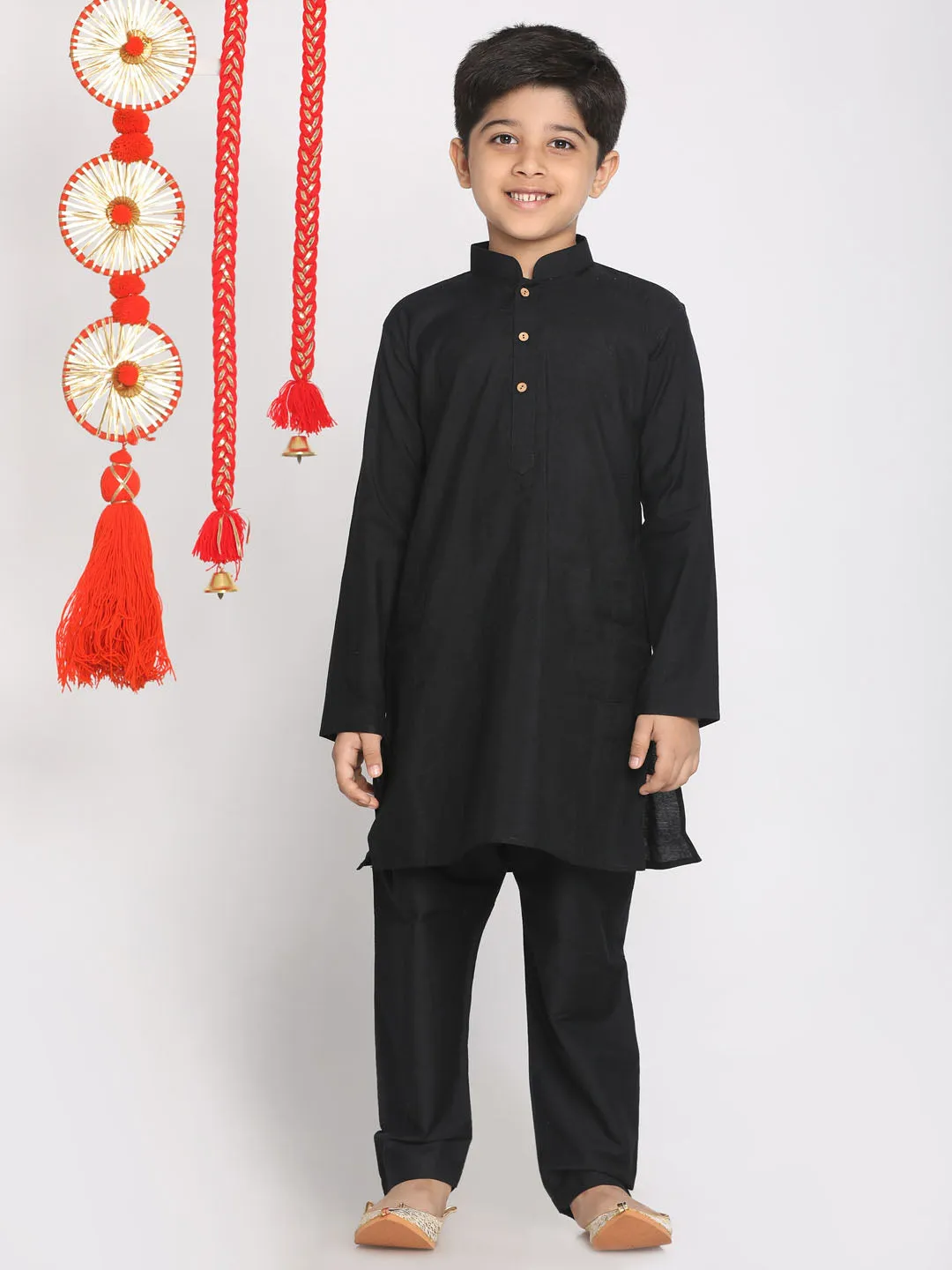 Boy's Orange And Black Jacket, Kurta And Pyjama Set - Vastramay Boys