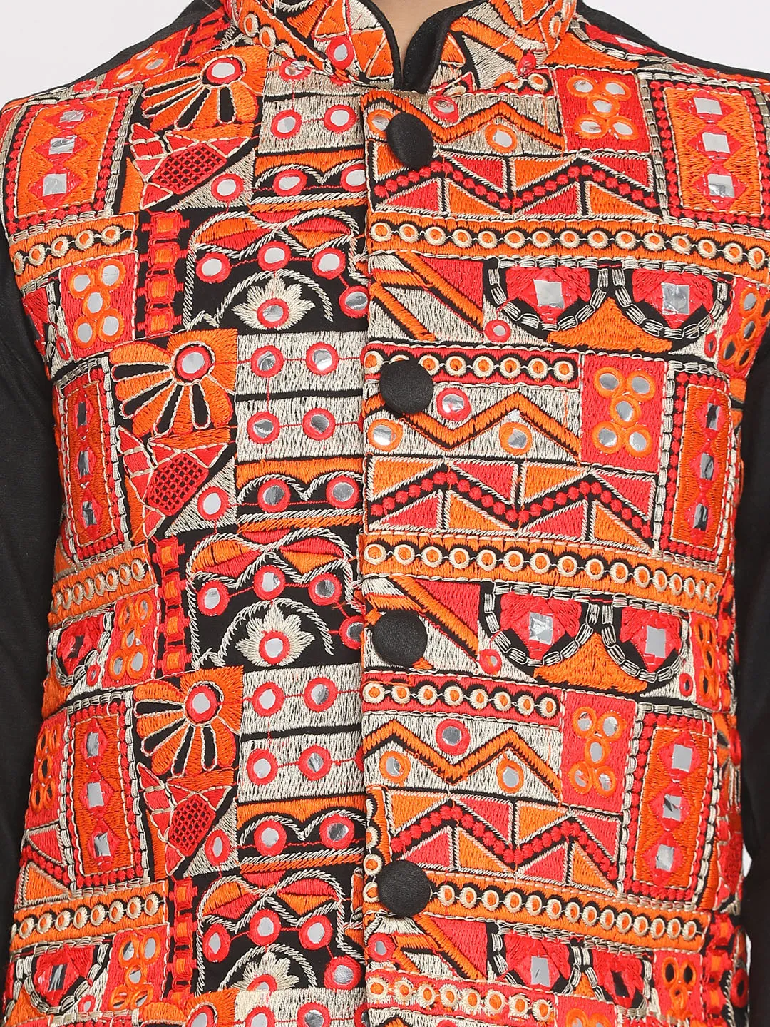 Boy's Orange And Black Jacket, Kurta And Pyjama Set - Vastramay Boys