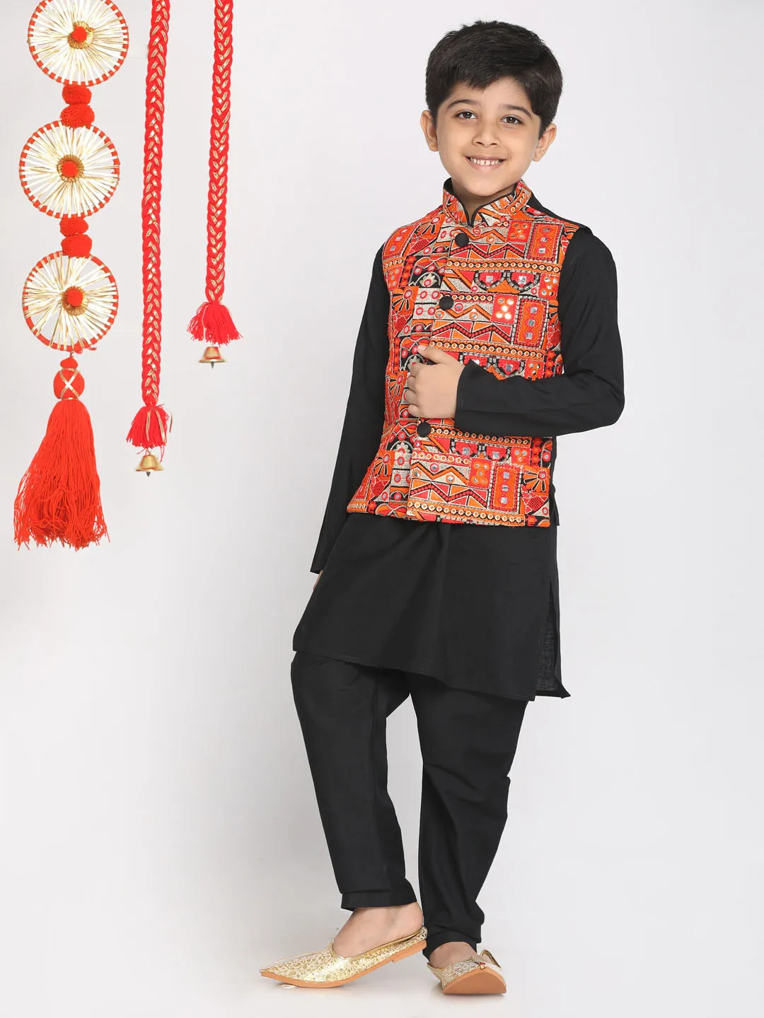 Boy's Orange And Black Jacket, Kurta And Pyjama Set - Vastramay Boys