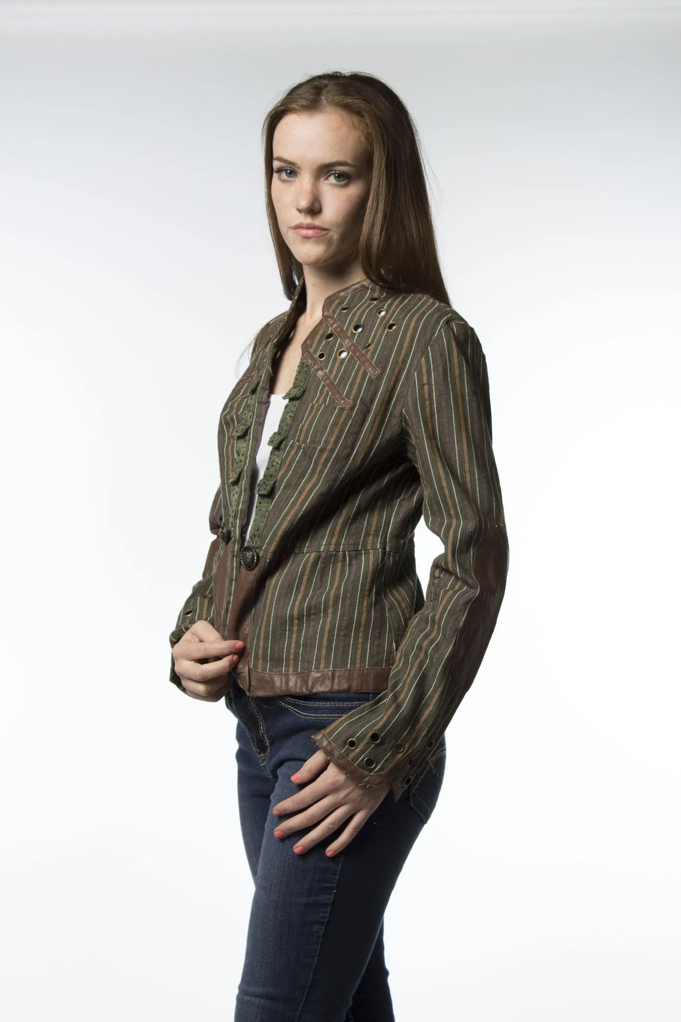 Brown Leather Trim Tailored Jacket-523
