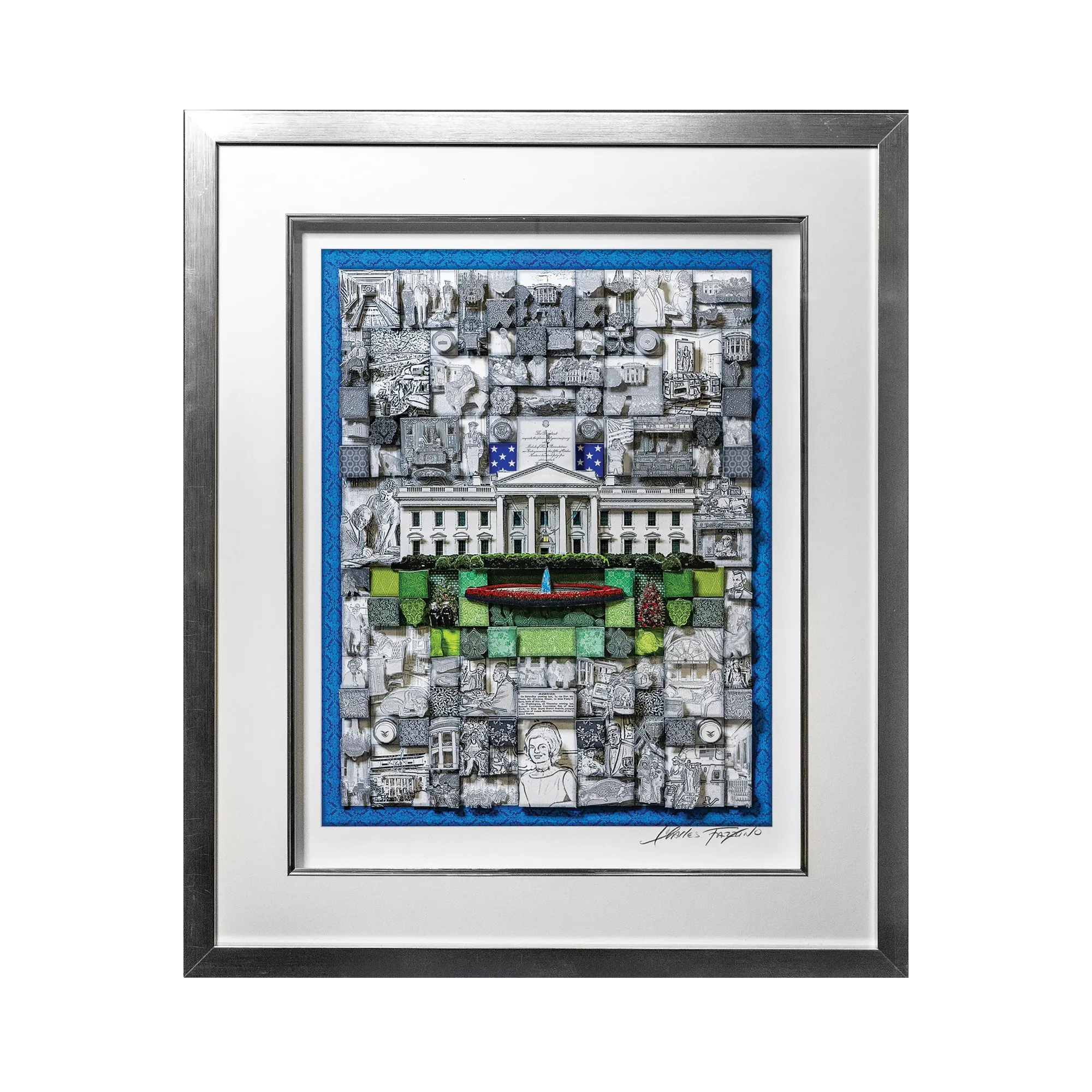 Charles Fazzino Black and White Quilted White House Art in Silver Frame