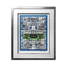 Charles Fazzino Black and White Quilted White House Art in Silver Frame