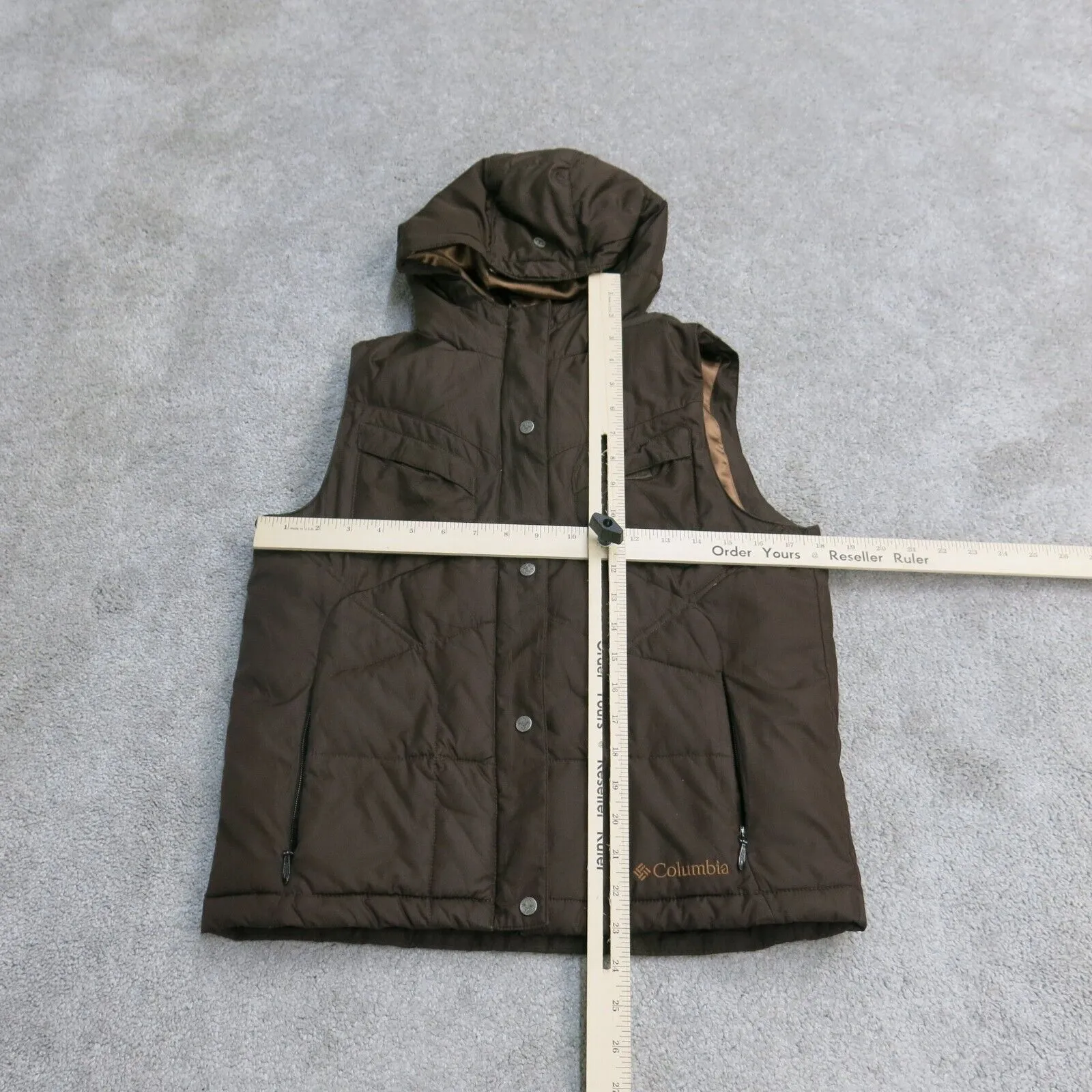 Columbia Girls Youth Quilted Vest Hooded Jacket Sleeveless Pocket Brown SZ 14\16
