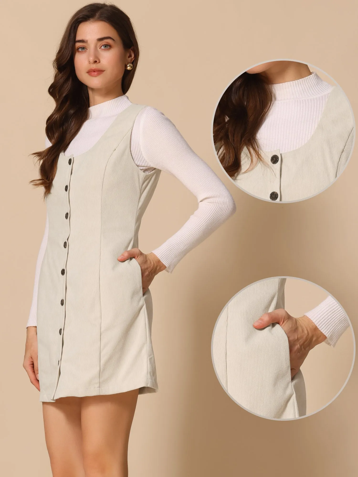 Corduroy Overall Scoop Neck Sleeveless Button Pinefore Dress