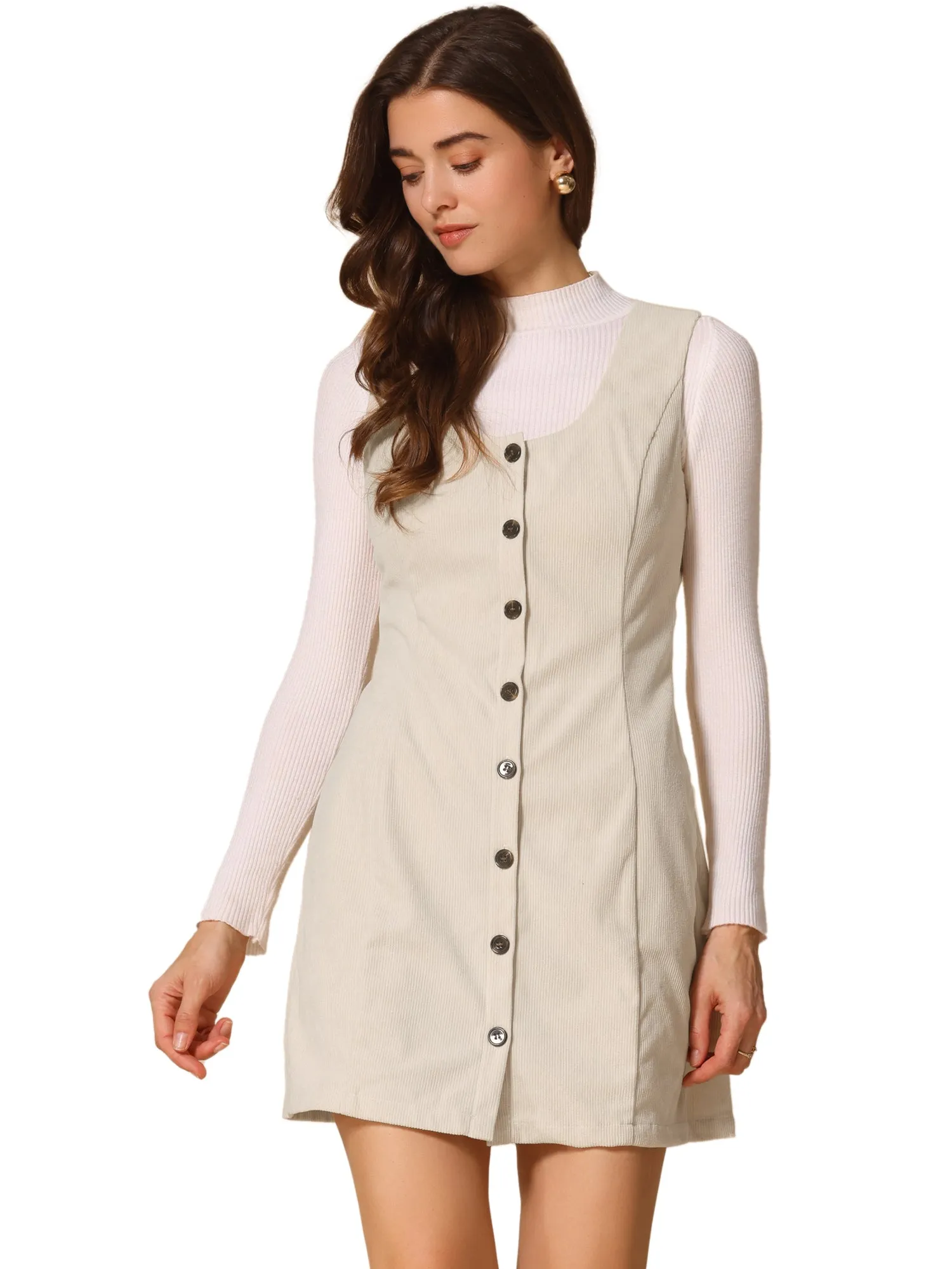 Corduroy Overall Scoop Neck Sleeveless Button Pinefore Dress