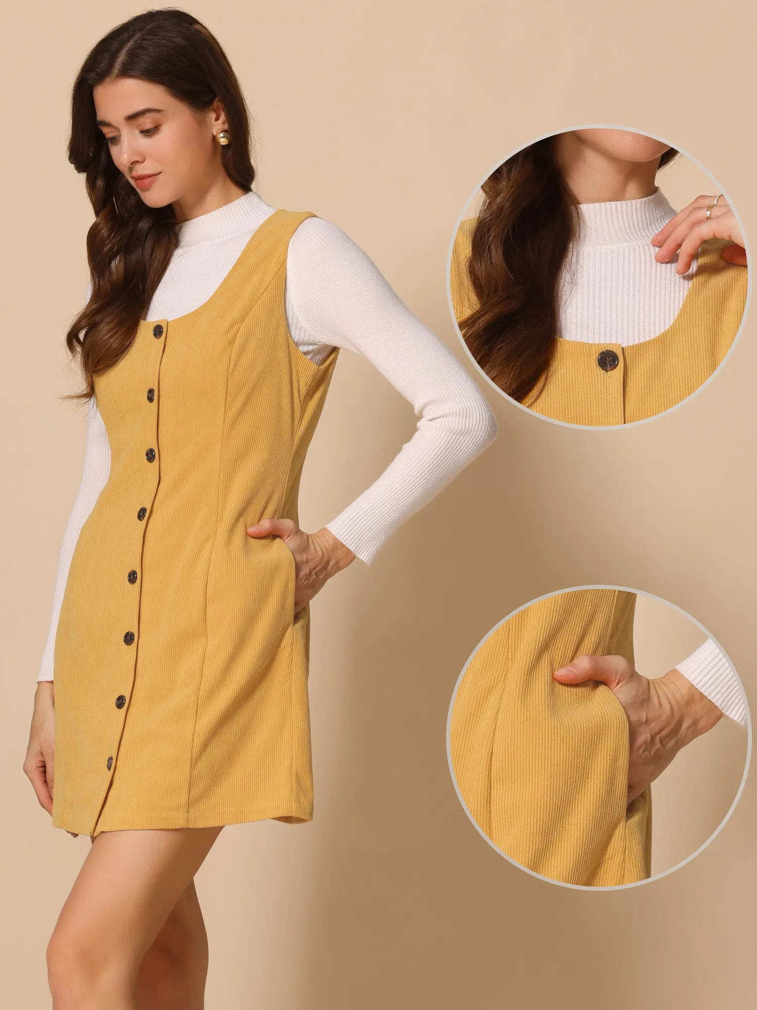 Corduroy Overall Scoop Neck Sleeveless Button Pinefore Dress