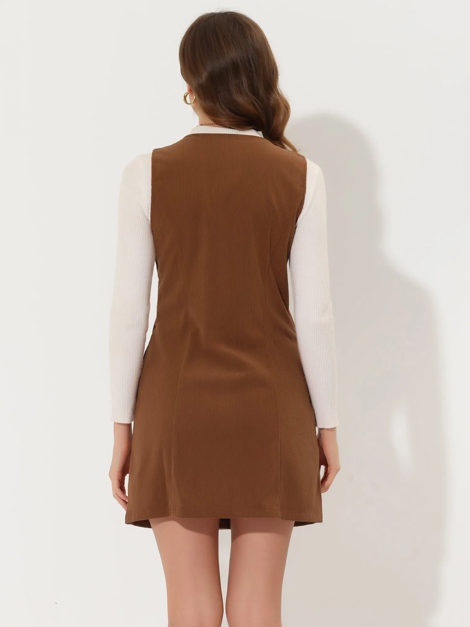 Corduroy Overall Scoop Neck Sleeveless Button Pinefore Dress