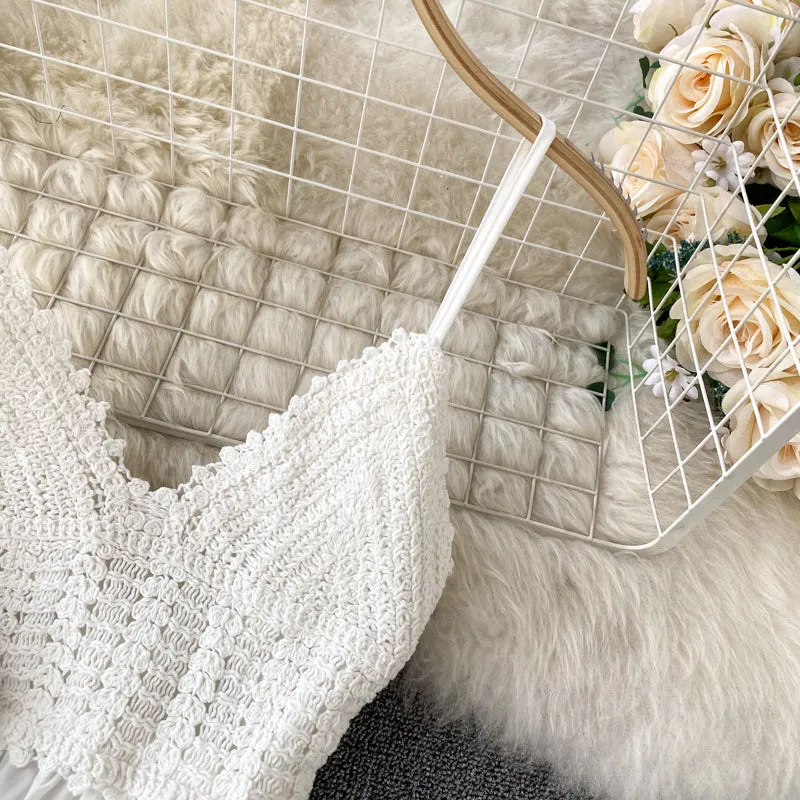 Crochet Knitted Lace-up White Slip Dress