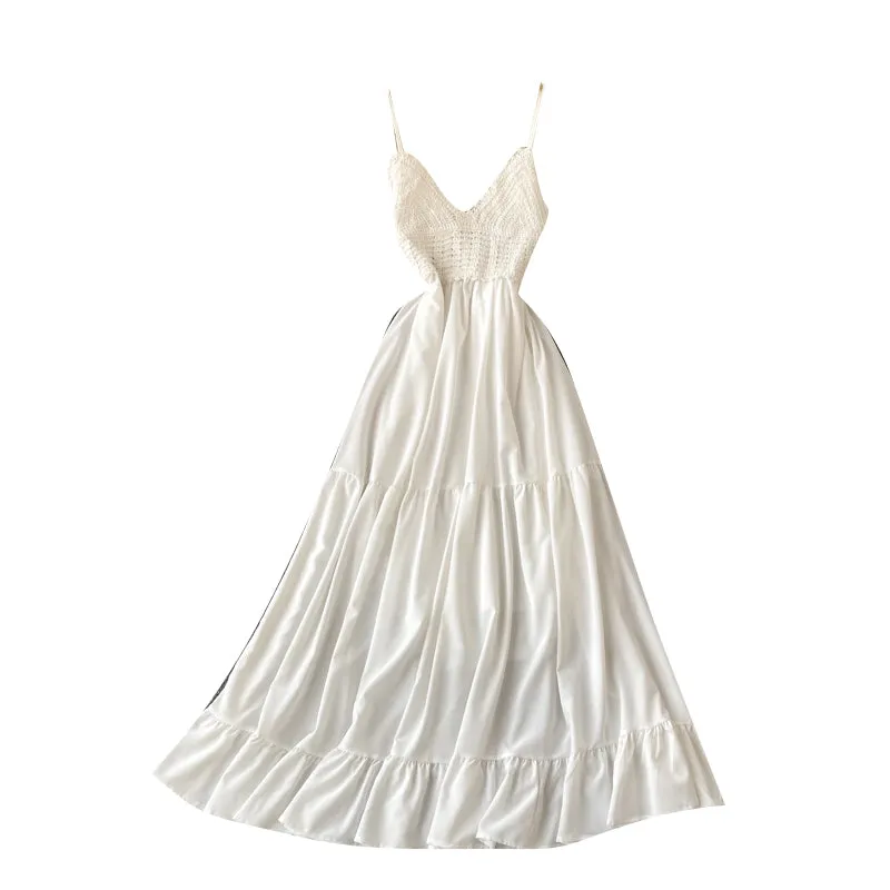 Crochet Knitted Lace-up White Slip Dress