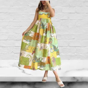 Dragon Printed Spaghetti Strap Sleeveless Maxi Dress