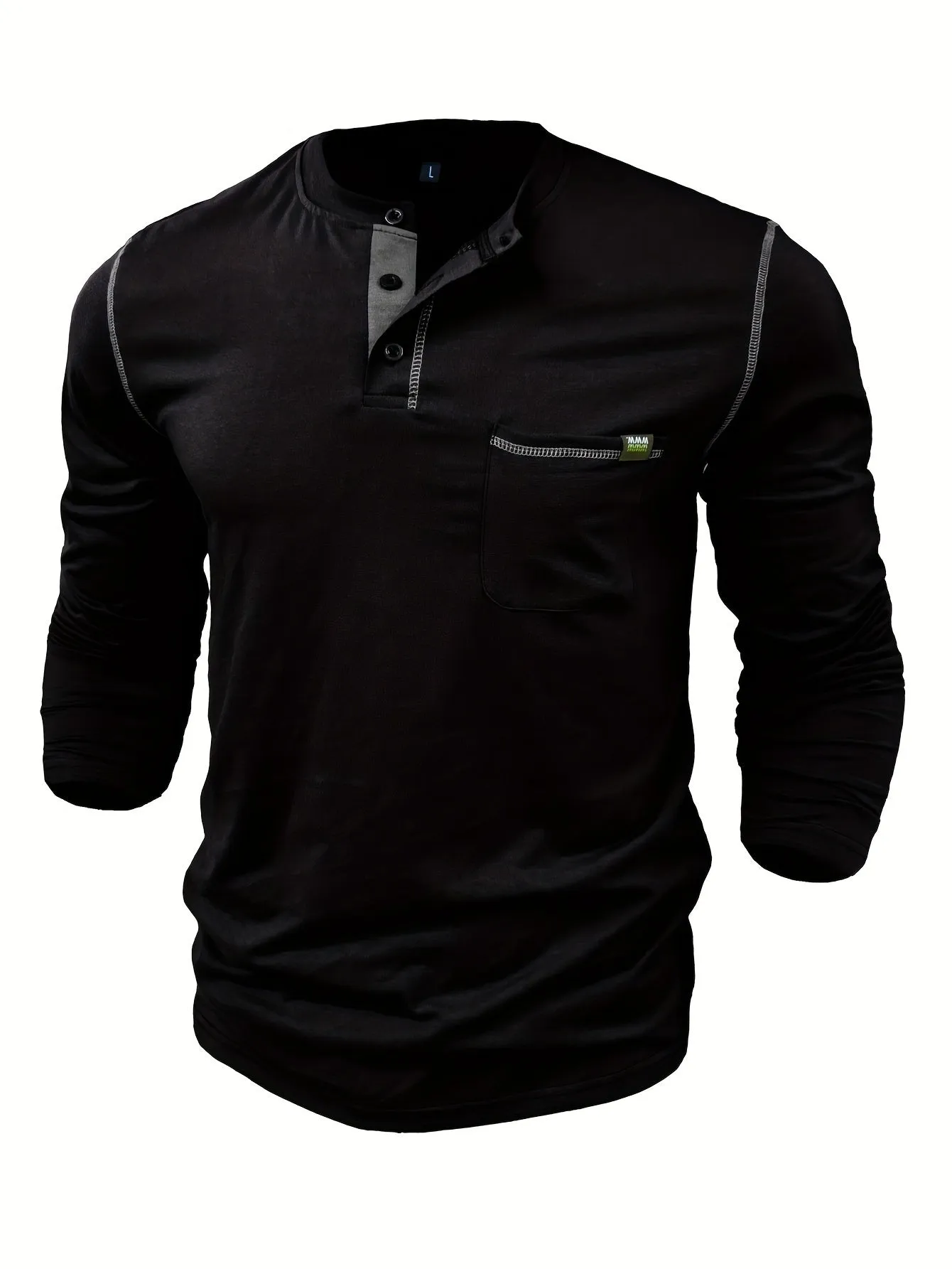 EchtMan - Heren Lange Mouw Henley Shirt met Borstzak en Contrasterende Stiksels
