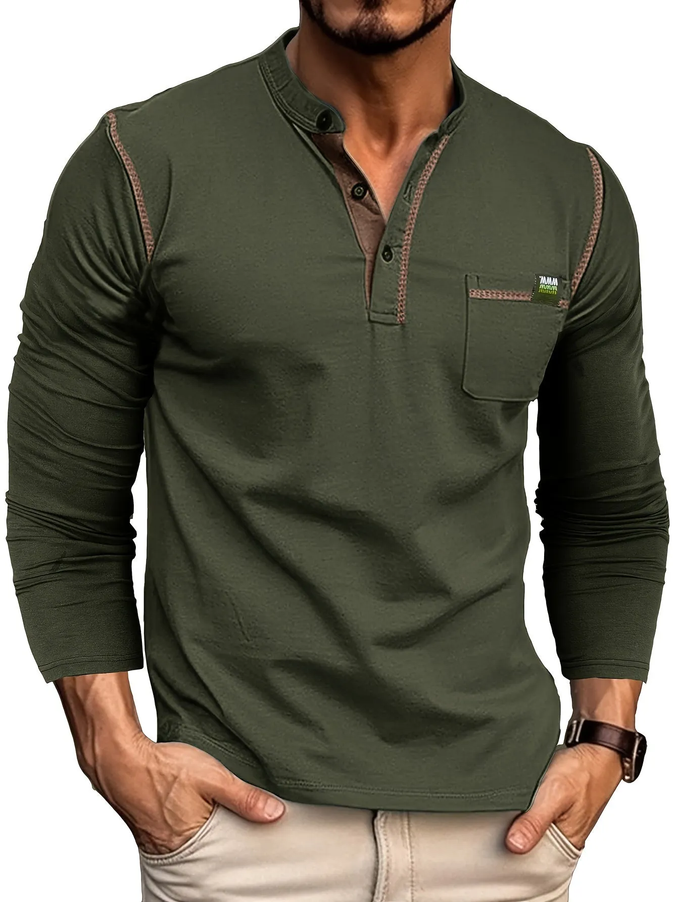 EchtMan - Heren Lange Mouw Henley Shirt met Borstzak en Contrasterende Stiksels