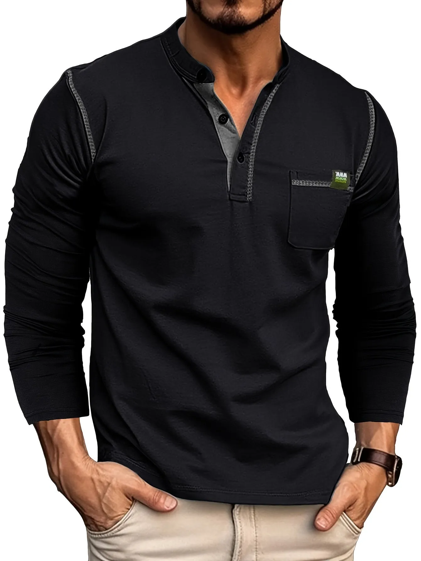 EchtMan - Heren Lange Mouw Henley Shirt met Borstzak en Contrasterende Stiksels