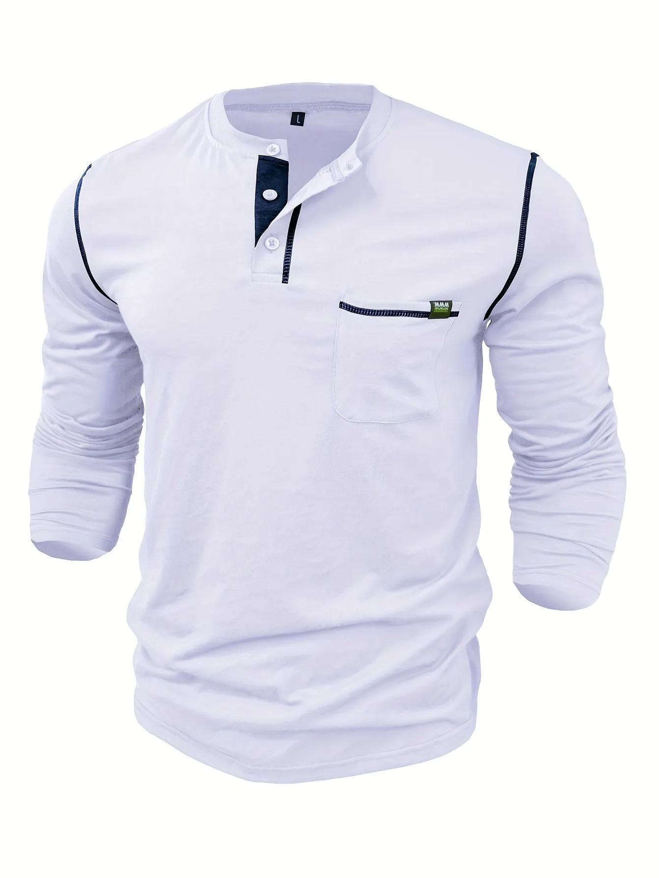 EchtMan - Heren Lange Mouw Henley Shirt met Borstzak en Contrasterende Stiksels